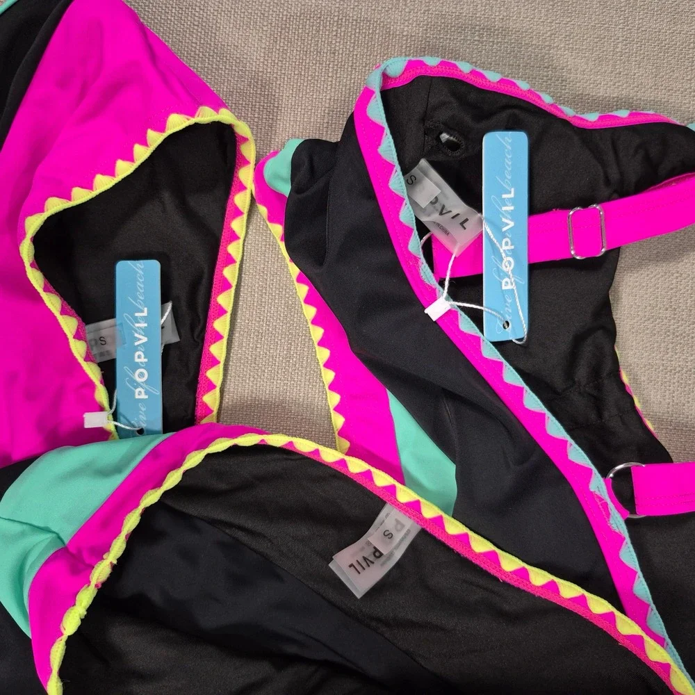 Popvil Womens 3 Piece Bikini Swim Skirt Set Black Pink Colorblock Ric Rac Size S